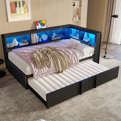 Obrázek produktu pro Denní postel 90×200 cm s LED osvětlením, výsuvným lůžkem, USB porty a úložnými skříňkami, jednolůžko s čelem, černá, bez matrace, Obrázek vytvořený pomocí AI