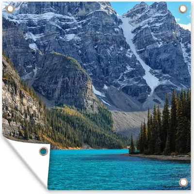 Produktbild von MuchoWow® 100x100 cm Outdoor-Poster Gartendeko Sichtschutz Garten Poster für den Garten  Berge hinter dem Moraine Lake in Kanada