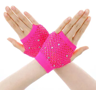 Produktbild von Netzhandschuhe Damen mit Strasssteinen Pink Neon 80er 90er Jahre Party Cosplay Halloween Fingerlos Nylon
