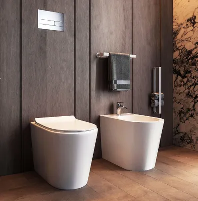 Immagine prodotto di Coppia sanitari filo muro a pavimento: vaso rimless e bidet in Vetroceramica con sedile soft close bianco lucido Linea Esse