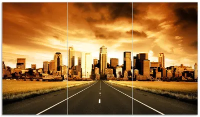 Produktbild von Wallario Herdabdeckplatte aus Glas, Größe 90 x 52 cm 3-teilig, Motiv Skyline am Ende der Straße
