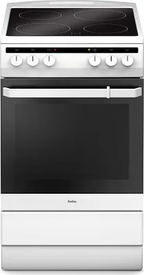 A front view of a white electric stove.