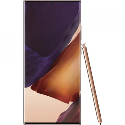 A Samsung Galaxy Note 20 Ultra smartphone in Mystic Bronze, with its stylus.