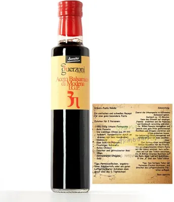 Produktbild von Guerzoni Aceto Balsamico di Modena IGP “Rosso” – -Demeter 250ml, mit Familienrezept Pasta-Rezept