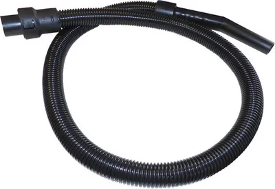 A black vacuum cleaner hose is coiled on a white background.