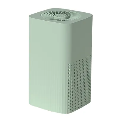 A light green air purifier with a fan on top and perforated sides.