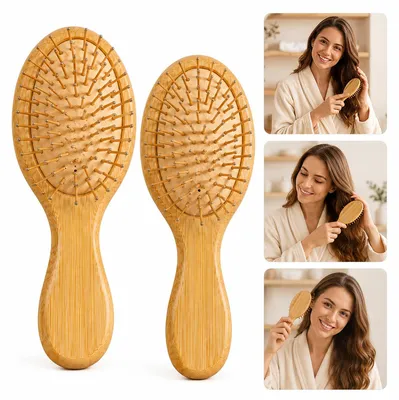 Produktbild von Bambus Haarbürste 2er Set, natürliche Massage Haarbürste mit sanften Borsten für Kopfhaut, kleine Reise Haarbürste für alle Haartypen