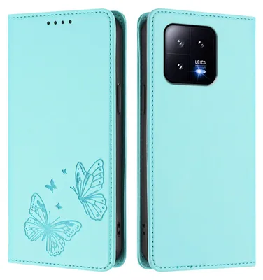 Image de Étui en cuir pour Xiaomi 13, motif papillon, étui à rabat avec porte-appareil, vert menthe