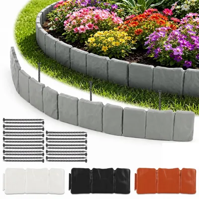 Produktbild von Rasenrand Kunststoff Steinoptik 5 Meter - Blumenbeetumrandung - Flexible Mähkante - Wetterfest - UV-beständig - 20 Elemente mit Erdspießen - Gartenrand