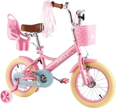 Imagen del producto de Bicicleta infantil de 12, 14 o 16 pulgadas, para niñas de 2 a 7 años, con ruedas de apoyo y freno de mano delantero, cesto, cintas decorativas, en color lila, rosa y blanco