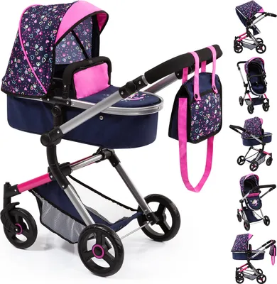 Produktbild von Bayer Design 18417AA Kombi-Puppenwagen Neo Vario mit Tasche, wandelbar als Jogger, verstellbarer Griff, integrierter Korb, blau mit Herzen