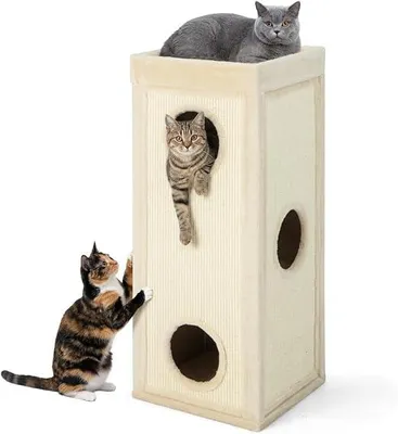 Produktbild von Kratzbaum, Kratztonne, Tierbedarf für Katzen, 3 Höhlen, Katzenversteck, Beige