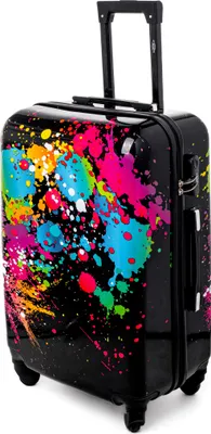 A black suitcase with a colorful paint splatter design.