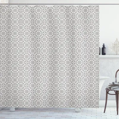 Immagine prodotto di ABAKUHAUS Tenda da doccia grigia e bianca, mosaico mediorientale, motivo antico, influenze vittoriane barocche damascate, 175 x 220 cm, grigio bianco