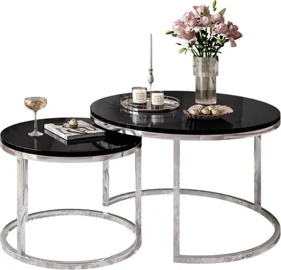 Produktbild von Runder Couchtisch CIRI 2in1 Hochglanz mit Chromuntergestell, Chrom / Schwarz hochglanz