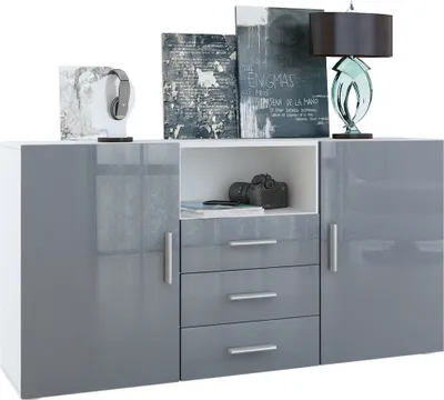 Produktbild von Vladon Sideboard Skadu, Kommode mit 2 Türen, 3 Schubladen und 1 offenem Fach, Weiß matt/Grau Hochglanz (138,5 x 71,5 x 35 cm)
