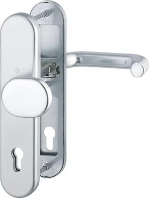 A close-up, studio shot of a silver door handle set with a keyhole.