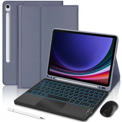 Image de Coque Clavier pour Samsung Galaxy Tab S9, CuirPolyuréthaneViolet avec Clavier Rétroéclairé Bluetooth + Souris + Stylet