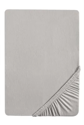 A flat lay of a grey fitted sheet with elasticated corners.
