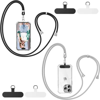 Immagine prodotto di Laccetto universale per cellulare, confezione da 2 pezzi, con 4 supporti, regolabile e removibile, colore nero e grigio