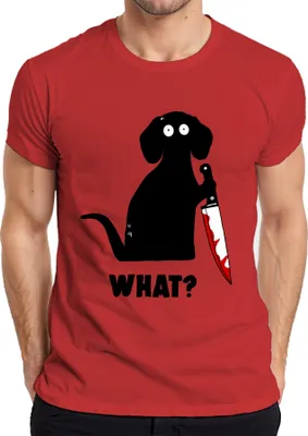 Produktbild von What? Hund Blutiges Messer Horror Halloween Grusel Slasher Cartoon Herren T-Shirt, Rot, XXL