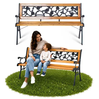 Productafbeelding van KADAX tuinstoel van hout, 127 cm, gietijzeren bank met rugleuning versierd met rozen