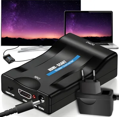 Immagine prodotto di Convertitore da HDMI a SCART Adattatore Convertitore AV Video Scaler HDTV 1080p Full HD con cavo di alimentazione DVD PC TV Proiettore Audio Cavo HDMI Cavo SCART, Retoo