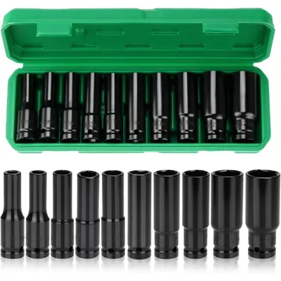 Zdjęcie produktu dla Zestaw nasadek udarowych 1/2 cala, wielozębate, 10-częściowy, zakres 8-24 mm, wykonane ze stali chromowo-wanadowej, w pudełku