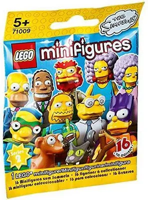A sealed bag of LEGO Minifigures, The Simpsons Series 2, featuring various characters from the show.