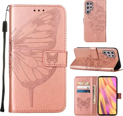 Produktbild von Galaxy S23 Ultra Hülle, Schmetterling Prägung Flip Leder Kartenfächer Schutzhülle Ledertasche mit Ständer für Samsung Galaxy S23 Ultra Roségold