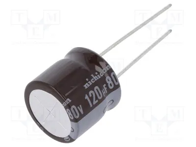 Imagen del producto de 1 x Condensador: electrolítico, baja impedancia, 120 µF, montaje superficial (THT), 80 VDC, modelo UPM1K121MHD6