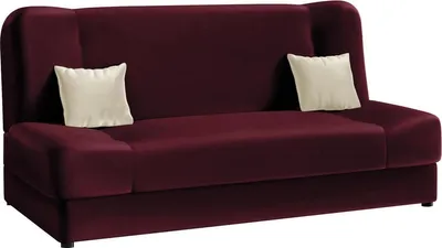 A burgundy sofa with two cream-colored throw pillows, shown from a front-diagonal angle against a white background.