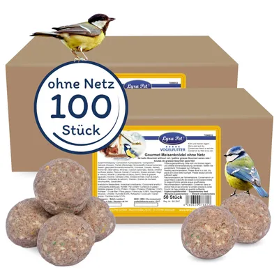 A product shot of bird food balls and their packaging, with birds depicted.