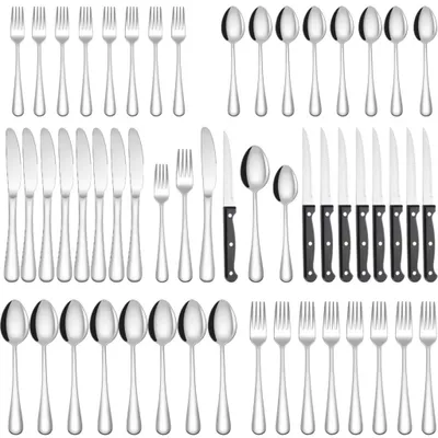 Produktbild von 48-tlg Besteckset Edelstahl für 8 Pers.: Messer, Gabel, Löffel + elegante Box. Spülmaschinenfest, ideal für Haushalt, Feiern & Gastronomie, Silber