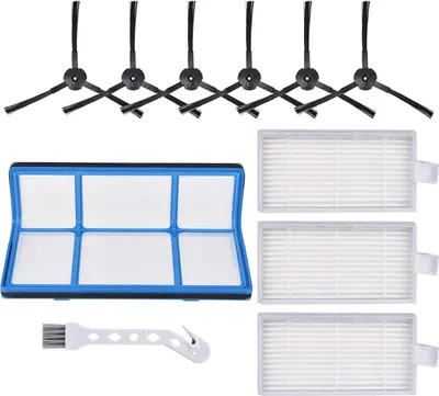A collection of robot vacuum cleaner replacement parts, including brushes, filters, and a cleaning tool, laid out on a white background.