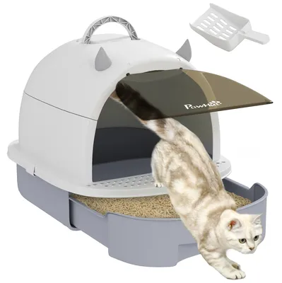 Produktbild von Katzenklo mit Deckel Katzentoilette mit Schaufel Bodenschublade Eingangspedal für Katzen bis 5 kg 40,5x52x39 cm Grau