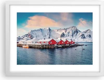Produktbild von Gerahmtes Poster - Weißer Rahmen - Lofoten Dorf Angeln - 40x30 cm - Wand Bild - Wanddeko - Wandbilder - Kunstposter - Wandposter - Bilderrahmen - Bilder - Kunstdruck - Wanddekoration - P2WAA40x30-4762