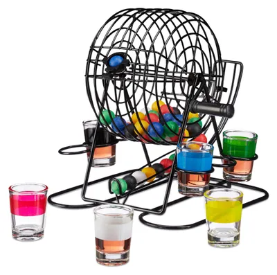 Immagine prodotto di Relaxdays Gioco alcolico Bingo, tamburo con manovella e supporto, 6 bicchierini, 48 palline, divertente gioco di società, addio al nubilato, colorato