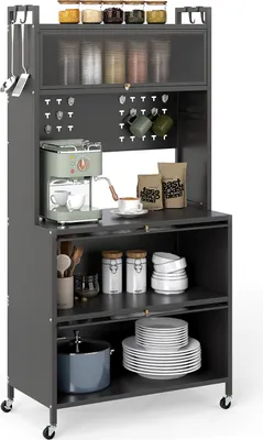A gray kitchen hutch filled with kitchenware and coffee-making supplies.