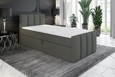 Produktbild von Boxspringbett, Jugendbett FUNI 90x200 (Rechts) mit Bettkästen, Bonell-Matratze und Topper. Farbe: Dunkelgrau.