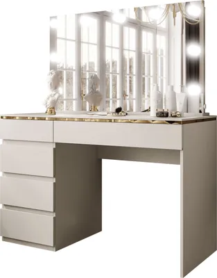 A white dressing table with a large mirror and lights, reflecting a room with large windows.