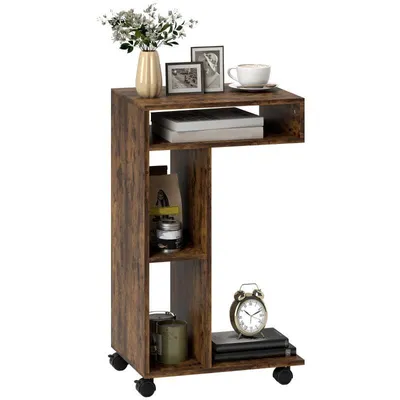 Produktbild von Beistelltisch – C-förmiger Servierwagen – Nachttisch – Mobiler Servierwagen – Mehrstufige Ablage – 360°-Rollen – 40 x 30 x 69 cm – Braun