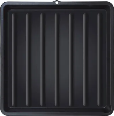 A top-down view of a black plastic grill cleaning tub with raised ridges.