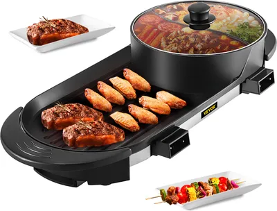 Produktbild von VEVOR 2 v 1 multifunkční BBQ Hot Pot, BBQ gril a Hot Pot s přepážkou, samostatný dvojitý termostat Teppanyaki grilovací hrnec s 5 rychlostmi, pro rodinu, večeři, přátele, párty