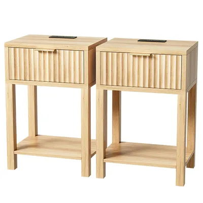 Produktbild von ALIGHTUP Nachttisch 2er Set mit Ladestation, LED-Beleuchtung, 1 Schublade und 1 offenen Fach, 40x30x60cm, Eiche