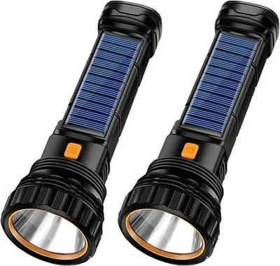 Produktbild von Zwei multifunktionale 1000 Lumen Solar/ Ladung LED-Taschenlampen mit Not-Sternlichtblitz und 1200 mAh-Batterie, inklusive USB-Ladestation.