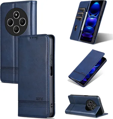 A collage of images showing a blue leather phone case for a Xiaomi Redmi 14C / Poco C75 4G.