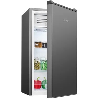 A small gray refrigerator with its door open, showing shelves stocked with food items.