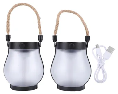 Image de Lot de 2 lampes solaires d'extérieur, lampes rechargeables par USB avec effet de flamme vacillante réaliste, design en corde de chanvre pour la terrasse et