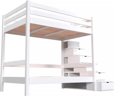 Image de Lit superposé 4 personnes 120x200 bois avec étagère escalier Sylvia - Blanc